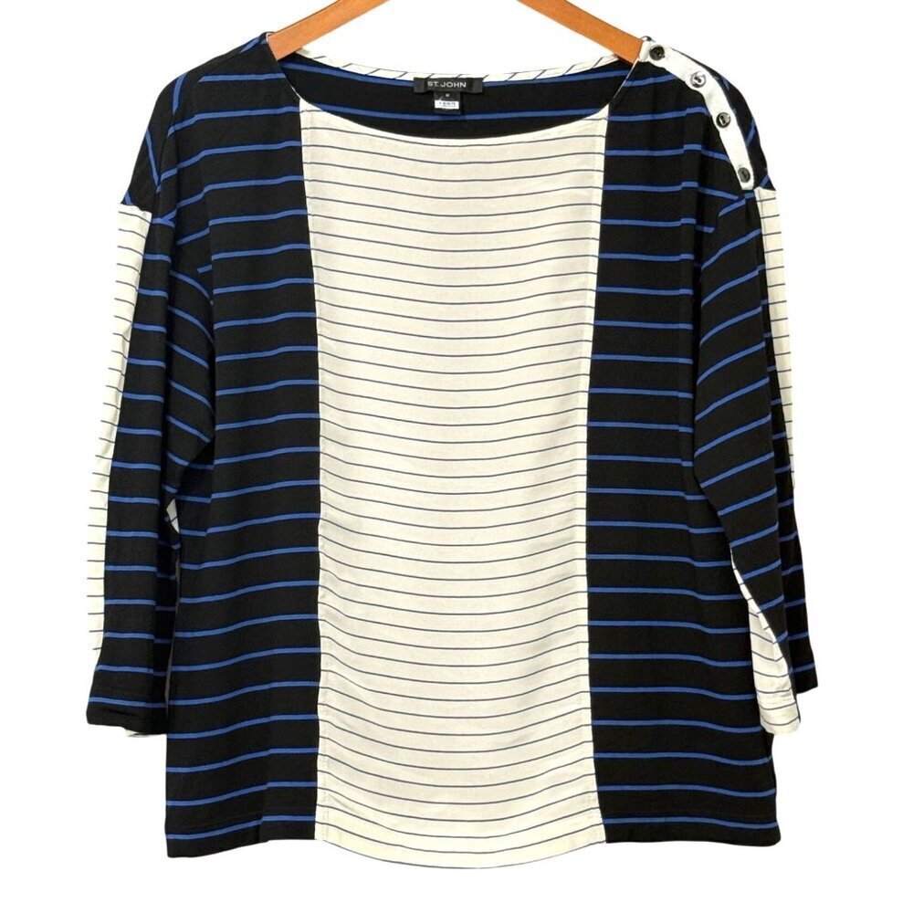 St. John Women's Casual Striped Top Black Blue Ivory Viscose 3/4 Sleeve Size M